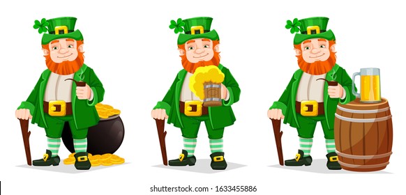 Leprechaun cartoon character, set of three poses. Happy Saint Patrick's day. Illustration of Leprechaun. Stock vector