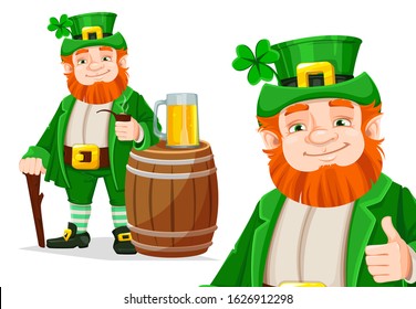 Leprechaun cartoon character, set of two poses. Happy Saint Patrick's day. Illustration of Leprechaun. Stock vector