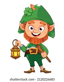 Leprechaun cartoon character stands with lantern and walking cane