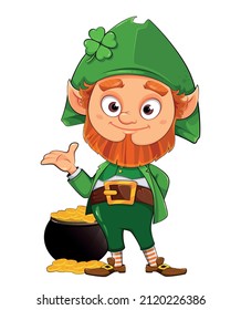 Leprechaun cartoon character stands near pot with gold. Happy Saint Patrick's day