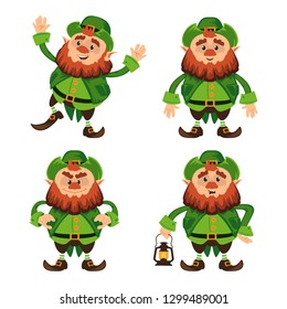 Leprechaun cartoon character vector set for Saint Patrick Day in different poses Funny dwarf emoji variations traditional Irish folklore Celtic mythology with hat and lantern on white background