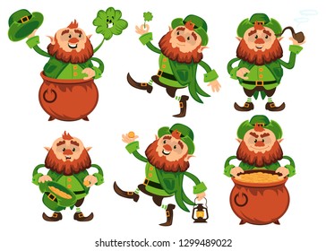 Leprechaun cartoon character vector set for Saint Patrick Day in different poses Funny dwarf emoji variations traditional Irish folklore Celtic mythology with hat shamrock and pot on white background