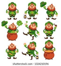 Leprechaun cartoon character vector set for Saint Patrick Day in different poses Funny dwarf emoji variations traditional Irish folklore Celtic mythology with hat shamrock and pot on white background