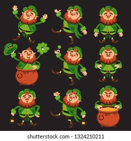 Leprechaun cartoon character vector set for Saint Patrick Day in different poses Funny dwarf emoji variations traditional Irish folklore Celtic mythology with hat shamrock and pot on black background