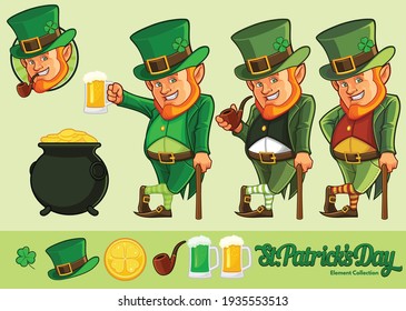 Leprechaun cartoon and element collection for St.Patrick's Day Celebration with optional color