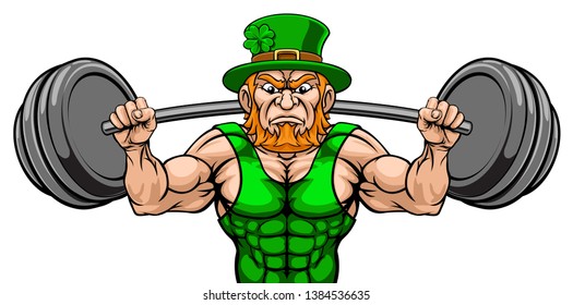 Leprechaun cartoon sports mascot weightlifter character lifting very large barbell weight