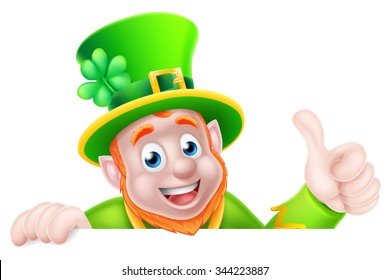 Leprechaun cartoon St Patricks Day character peeking above a sign and giving a thumbs up