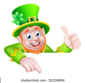 Leprechaun cartoon St Patricks Day character peeking above a sign pointing down at it and giving a thumbs up