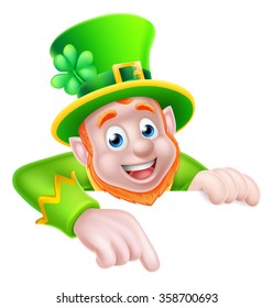 Leprechaun cartoon St Patricks Day character peeking above a sign and pointing down at it