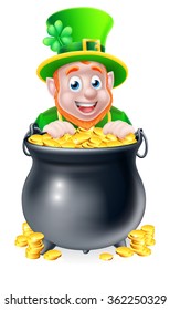 Leprechaun cartoon St Patricks Day character peeking over a pot of gold