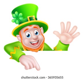 Leprechaun cartoon St Patricks Day character peeking above a sign pointing down at it and waving