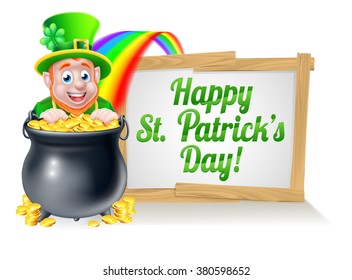 Leprechaun Cartoon St Patricks Day Character Peeking Over A Pot Of Gold At The End Of The Rainbow With A St Patricks Day Sign