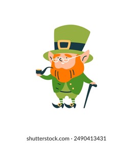 Leprechaun en estilo de dibujos animados con gafas, una pipa para fumar y un bastón en las manos. El icono perfecto para los temas de diseño del Día de San Patricio, presentado en un diseño plano sobre un solo fondo.