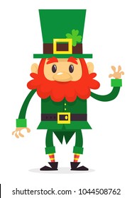 Leprechaun cartoon waving hang. Vector flat illustration for St Patrick Day