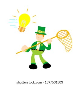 leprechaun catch fly light lamp idea bulb cartoon doodle flat design style vector illustration