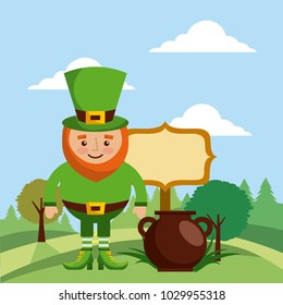 leprechaun with cauldron board and landscape