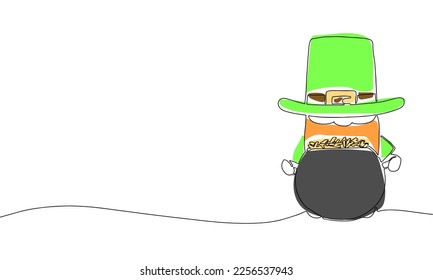 Leprechaun and cauldron with coins. Line art with color, one continuous line. Outline. Saint Patrick's Day. Vector illustraiton.