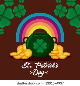 leprechaun cauldron with rainbow and coins of st patrick day
