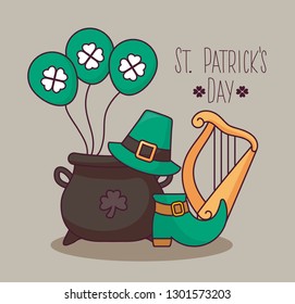 leprechaun cauldron with set icons of st patrick day