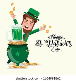 Leprechaun celebrates with its pot of gold and green beer. cartoon character flat design