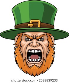 A leprechaun Celtic Irish head or face, angry cartoon sports mascot man.