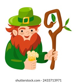 A leprechaun character with a beer mug and a stick in the leaves. A man in a green suit with a mug of foamy yellow beer. Red beard and hair sticking out from under the hat. A cute character of spring