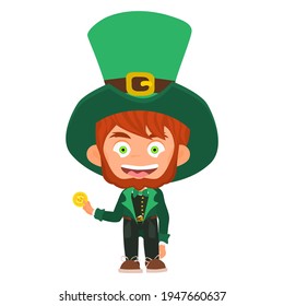 leprechaun character with gold coin wearing green hat. vector flat style