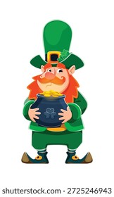 Leprechaun Charakter für Happy St Patrick Day oder irischen Urlaub, Vektor lustige Persönlichkeit. Kobold mit Goldtopf oder Schatzmünzen im Kessel, und Shamrock Klee im Hut für St Patrick Day Charakter