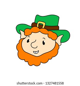 Leprechaun character head in green hat. St Patrick Day maskot or symbol. Smiling Leprechaun in red beard and green hat. Saint Patrick's Day logo. Funny dwarf head. Funny character vector illustration