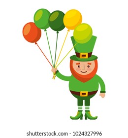 leprechaun character holding bunch of balloons celebration