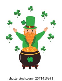 Leprechaun character with a pot of gold coins surrounded by clover. Vector illustration of a magical character for St. Patrick's Day, eps 10. Ideal for greeting cards, banners, stickers