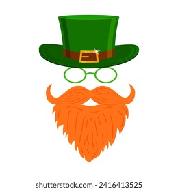 Carácter leprechaun con barba roja, sombrero verde, gafas y sin cara. Diseño para el Día de San Patricio. Estilo plano. Aislado sobre fondo blanco. Ilustración vectorial.