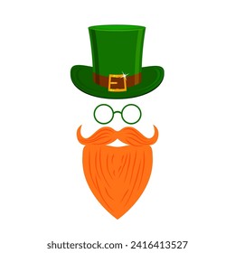 Carácter leprechaun con barba roja, sombrero verde, gafas y sin cara. Diseño para el Día de San Patricio. Estilo plano. Aislado sobre fondo blanco. Ilustración vectorial.