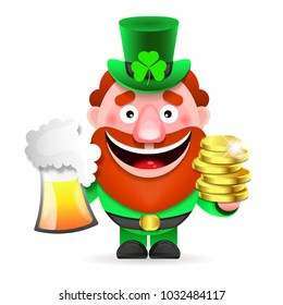 Leprechaun with clover for good luck. dwarf vector for a party in honor of St. Patrick's Day. Invitation to the pub.