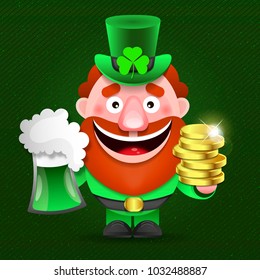 Leprechaun with clover for good luck. dwarf vector for a party in honor of St. Patrick's Day. Invitation to the pub.