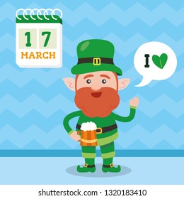 Leprechaun with clover for good luck. dwarf vector for a party in honor of St. Patrick's Day.