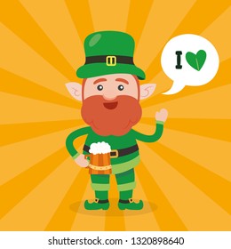 Leprechaun with clover for good luck. dwarf vector for a party in honor of St. Patrick's Day.