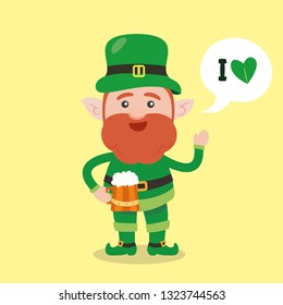 Leprechaun with clover for good luck. dwarf vector for a party in honor of St. Patrick's Day.
