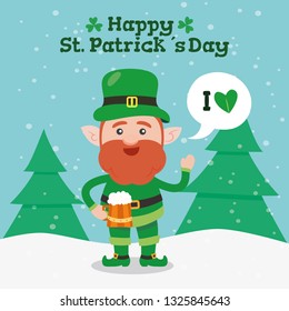 Leprechaun with clover for good luck. dwarf vector for a party in honor of St. Patrick's Day.