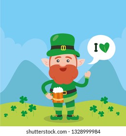 Leprechaun with clover for good luck. dwarf vector for a party in honor of St. Patrick's Day.