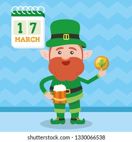 Leprechaun with clover for good luck. dwarf vector for a party in honor of St. Patrick's Day.