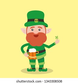 Leprechaun with clover for good luck. dwarf vector for a party in honor of St. Patrick's Day.
