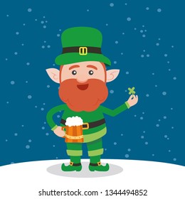 Leprechaun with clover for good luck. dwarf vector for a party in honor of St. Patrick's Day.