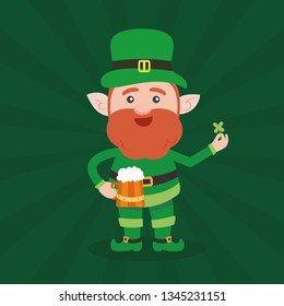 Leprechaun with clover for good luck. dwarf vector for a party in honor of St. Patrick's Day.