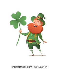 Leprechaun with clover for good luck. dwarf vector for a party in honor of St. Patrick's Day. Invitation to the pub.