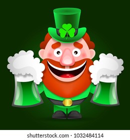Leprechaun with clover for good luck. Little person vector for a party in honor of St. Patrick's Day. Invitation to the pub.