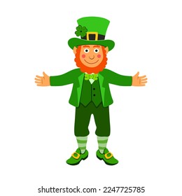 Leprechaun con trébol en el sombrero saludando, irlandés sonriente y barbudo con traje verde saluda con brazos extendidos, símbolo del Día de San Patricio. Ilustración del vector