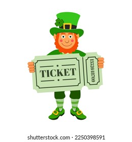 Leprechaun con un trébol en el sombrero sosteniendo un billete, un irlandés sonriente y barbudo con un traje verde con pase, símbolo del Día de San Patricio, el festival y la festividad. Ilustración del vector