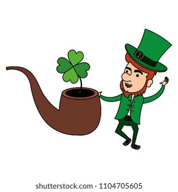 leprechaun with clovers leafs and pipe wooden character
