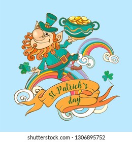 Leprechaun with coins St. Patrick's day card. Vector